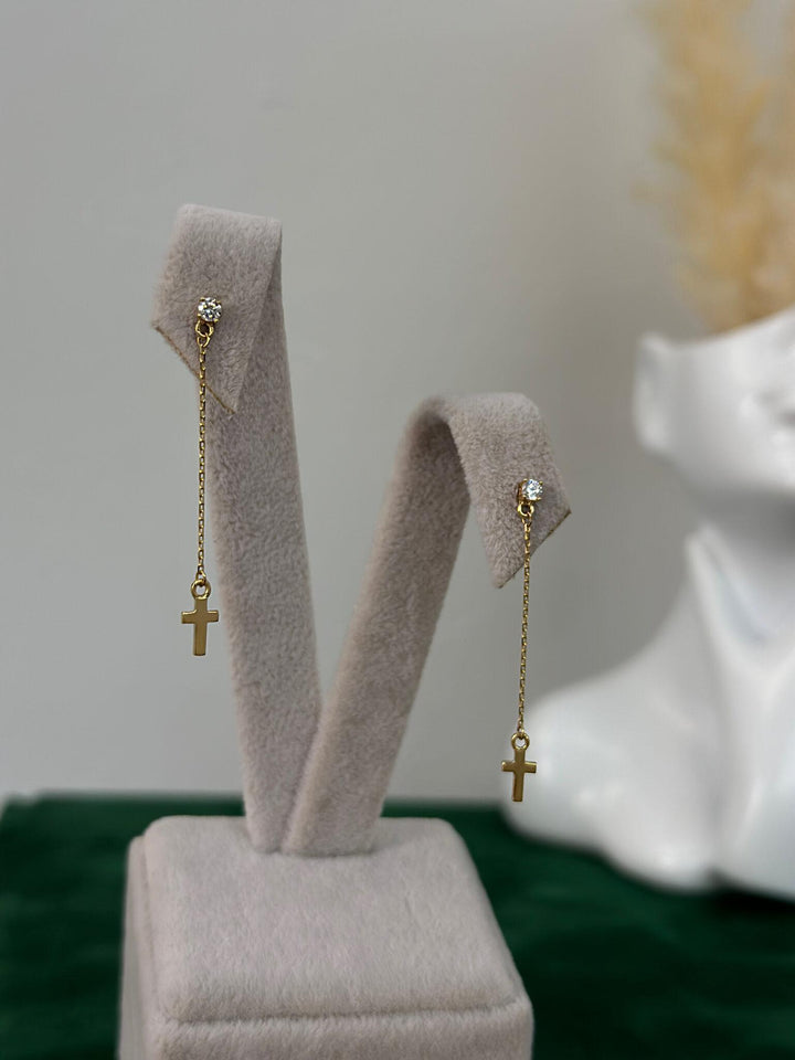 Solitär mit Kreuz Anhängerkette Ohrstecker – 585er Gold