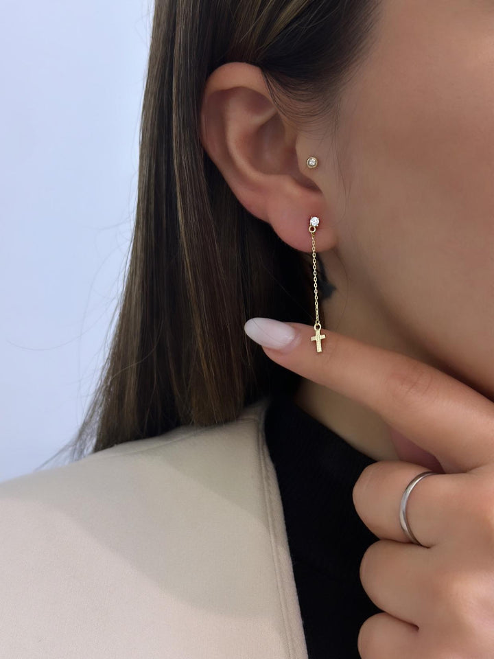 Solitär mit Kreuz Anhängerkette Ohrstecker – 585er Gold