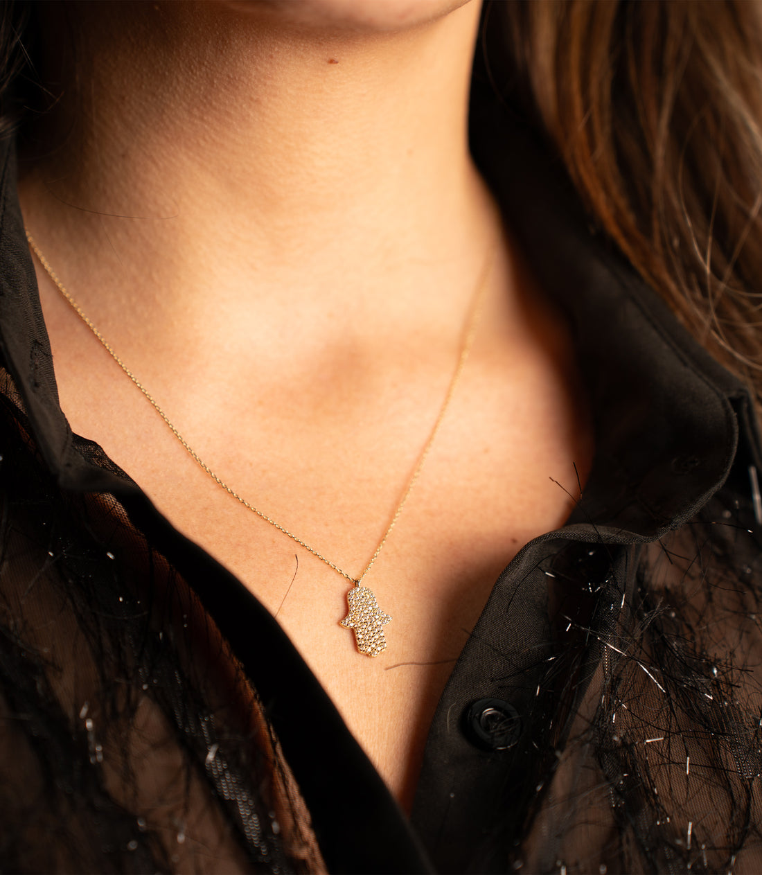 Fatimas Hand Zirkonia Kette – 585er Gold