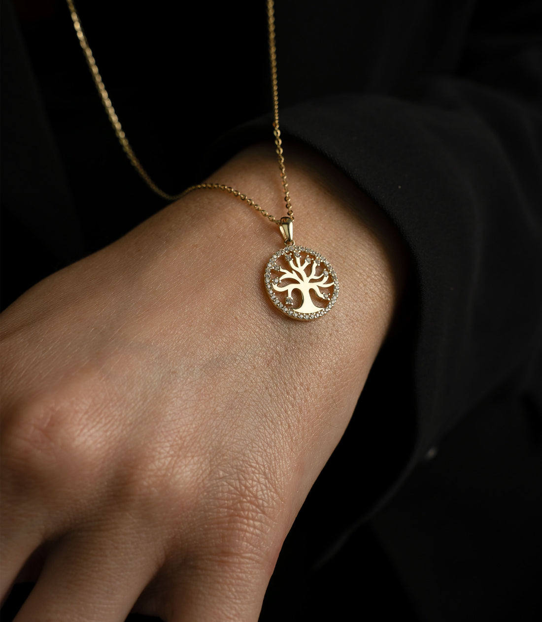Lebensbaum Zirkonia Kette – 585er Gold